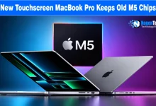 Sleek MacBook Pro laptops showcased in front of an glowing Apple M5 chip graphic.