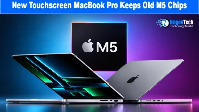 Sleek MacBook Pro laptops showcased in front of an glowing Apple M5 chip graphic.