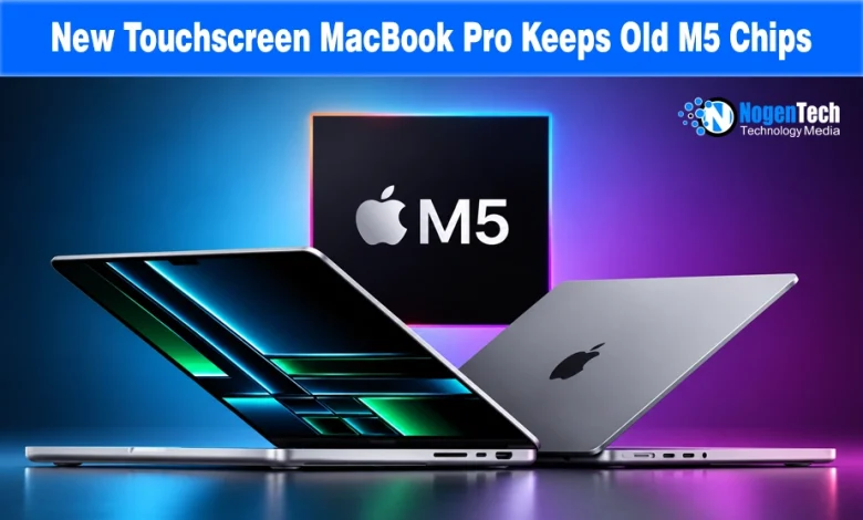 Sleek MacBook Pro laptops showcased in front of an glowing Apple M5 chip graphic.