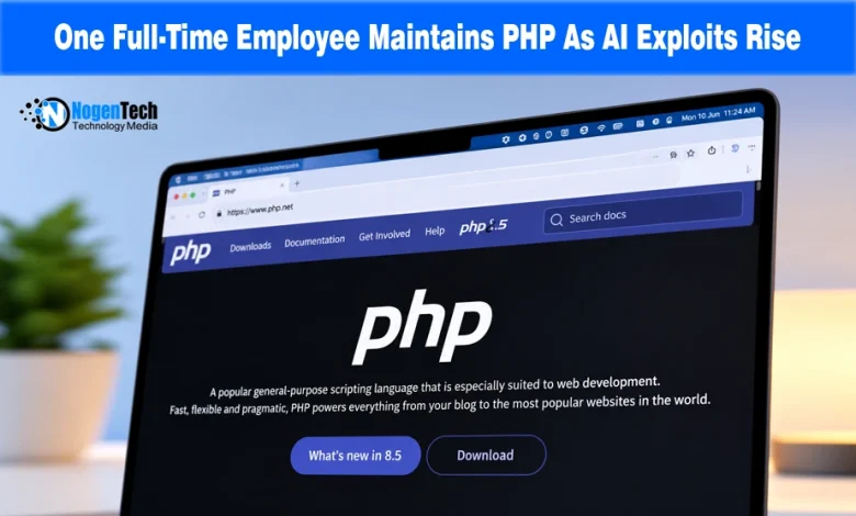 Laptop screen displaying the official PHP web page on php.net.