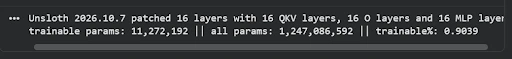Only 11.27M of 1.25B parameters (0.90%) were trained.