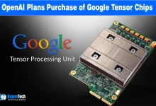 Google Tensor Processing Unit hardware chip next to the Google logo on a dark background.