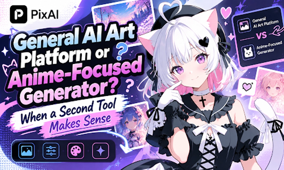 Anime-style AI girl character with cat ears next to text asking General AI Art Platform or Anime-Focused Generator.