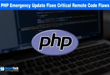 Purple PHP logo centered over a laptop screen displaying lines of programming code.