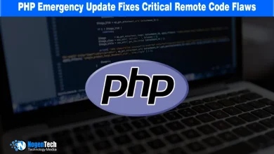 Purple PHP logo centered over a laptop screen displaying lines of programming code.