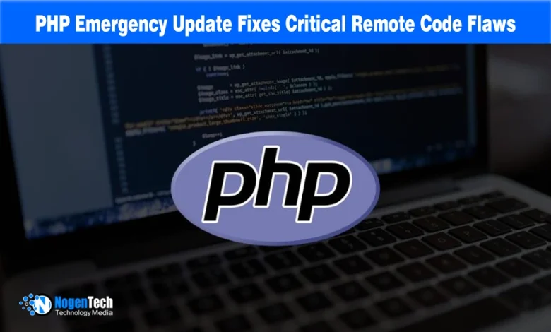 Purple PHP logo centered over a laptop screen displaying lines of programming code.