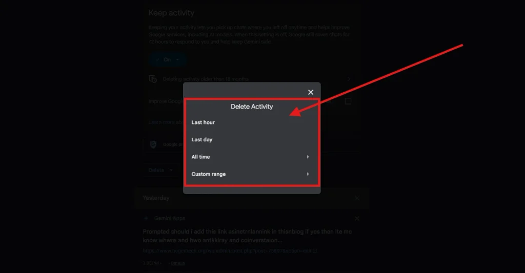 Page Appearing after clicking Delete from Gemini Apps Activity Page