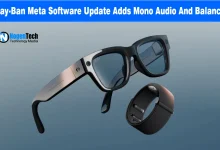 Pair of black Ray-Ban Meta smart glasses floating alongside a dark wristband accessory.