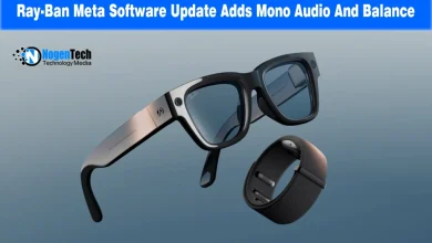Pair of black Ray-Ban Meta smart glasses floating alongside a dark wristband accessory.