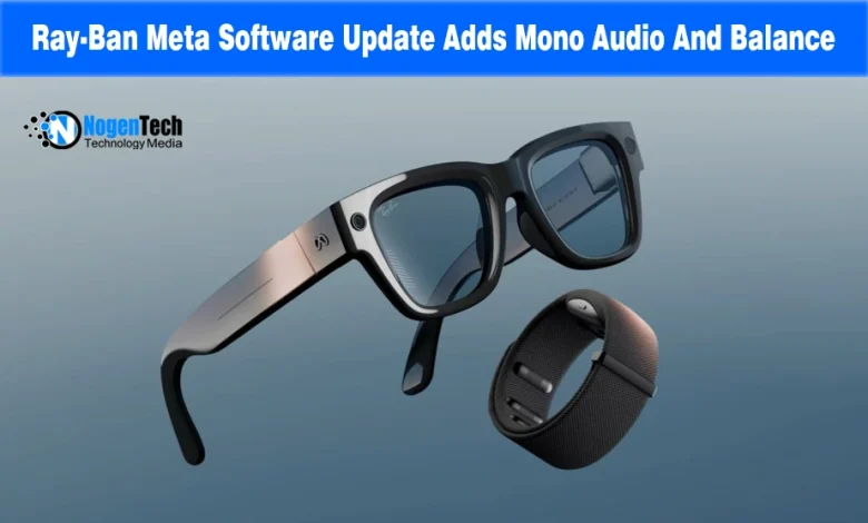 Pair of black Ray-Ban Meta smart glasses floating alongside a dark wristband accessory.