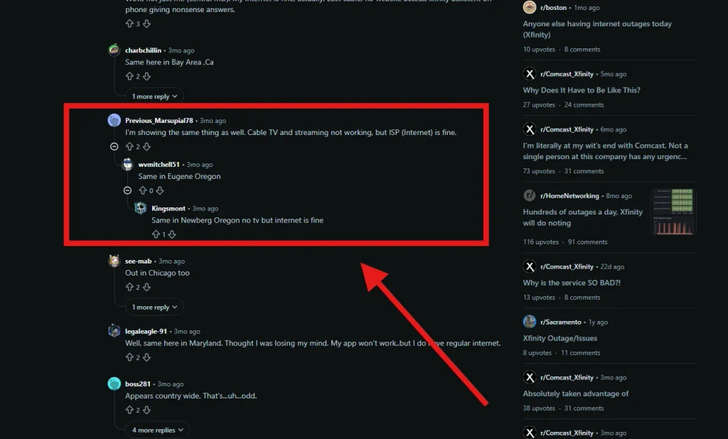 Reddit comments showing users discussing different Xfinity services being affected