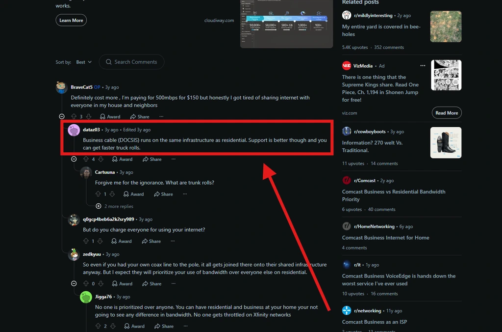 Reddit users discussing Comcast Business and residential internet infrastructure