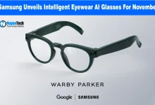 Dark green smart AI glasses featuring built-in cameras, labeled with Warby Parker, Google, and Samsung logos.