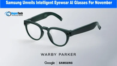 Dark green smart AI glasses featuring built-in cameras, labeled with Warby Parker, Google, and Samsung logos.
