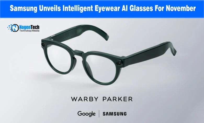 Dark green smart AI glasses featuring built-in cameras, labeled with Warby Parker, Google, and Samsung logos.