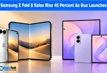 Foldable smartphones and dual-screen mobile devices displayed side by side against a soft gradient background.