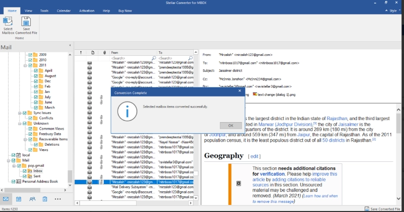 Stellar Converter for MBOX showing converted mailbox data with folders, emails, attachments, and message preview.