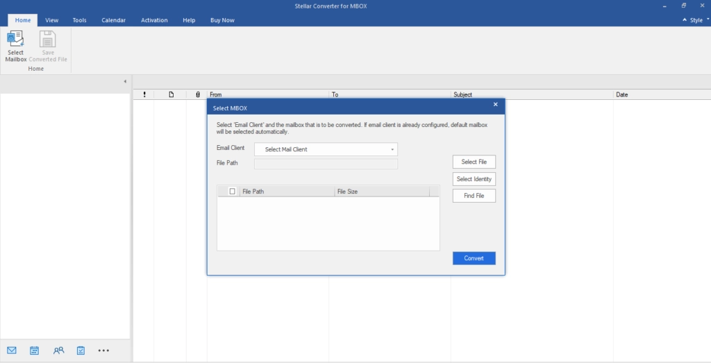 Stellar Converter for MBOX desktop software showing the Select MBOX window with options to choose an email client, MBOX file, or identity folder.
