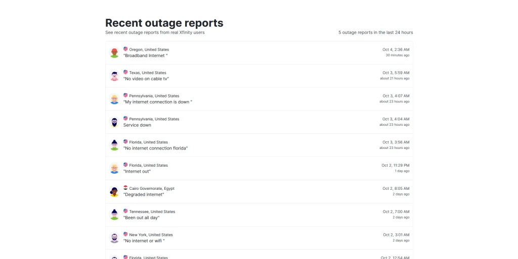 StatusGator showing recent Xfinity outage reports from users in Oregon, Texas, Pennsylvania, Florida, and other locations