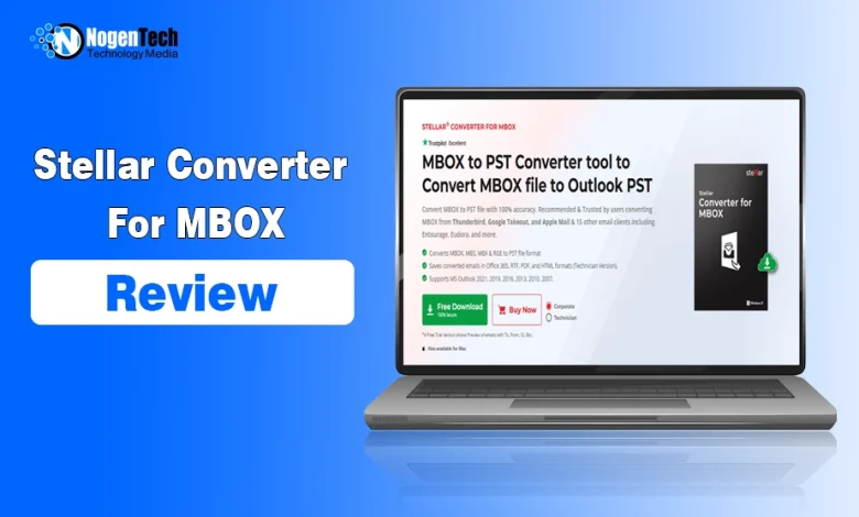 Laptop screen displaying the official Stellar Converter for MBOX product software page.