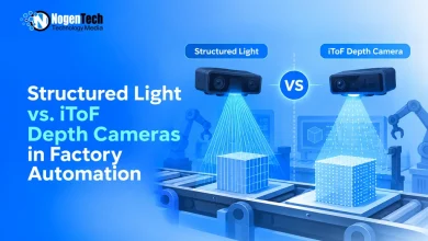 Diagram comparing structured light and iToF depth cameras scanning objects on a factory assembly line.