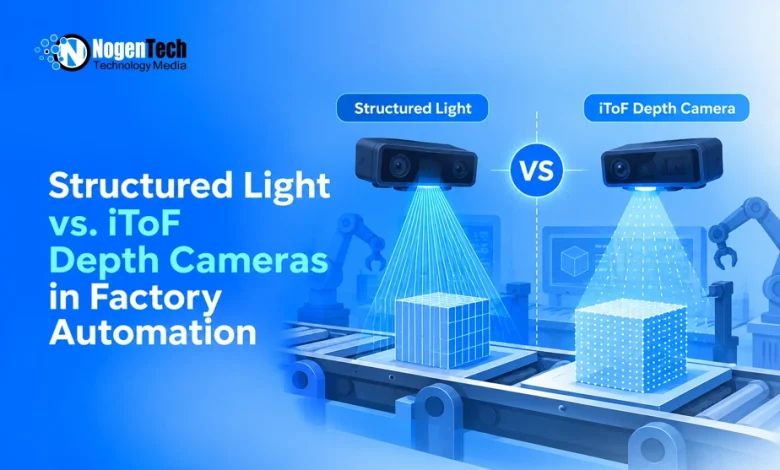 Diagram comparing structured light and iToF depth cameras scanning objects on a factory assembly line.
