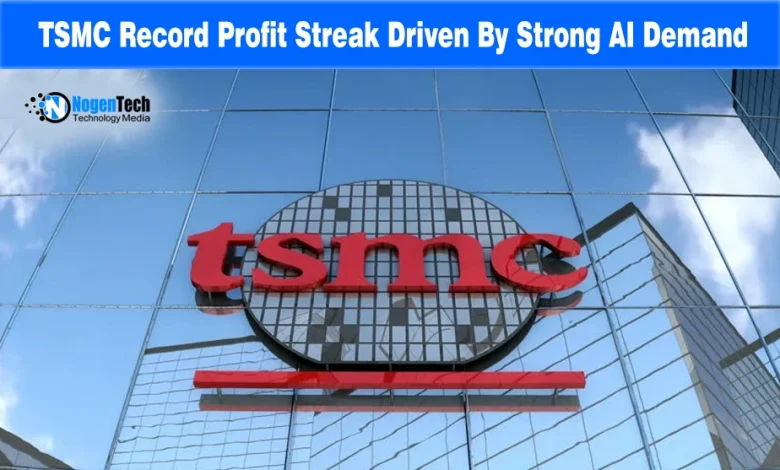 Red TSMC company logo mounted on a glass high-rise building exterior under a bright blue sky.