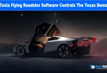 Futuristic Tesla Roadster with butterfly doors open under a starry night sky during a demonstration flight test.