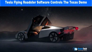 Futuristic Tesla Roadster with butterfly doors open under a starry night sky during a demonstration flight test.