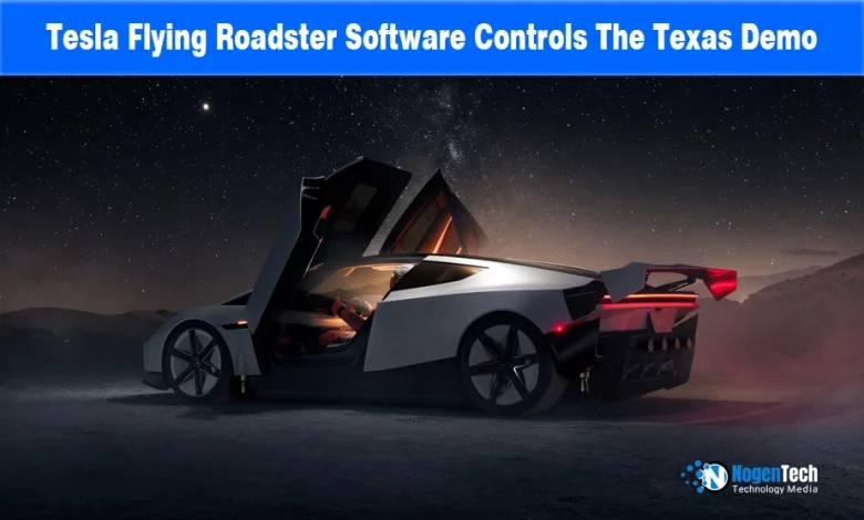 Futuristic Tesla Roadster with butterfly doors open under a starry night sky during a demonstration flight test.