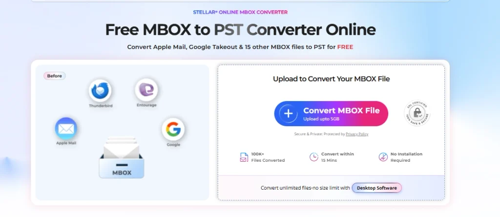 Stellar Online MBOX Converter page showing the option to upload and convert an MBOX file to PST.