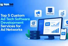 Desktop monitor and smartphone displaying advertising dashboards surrounded by icons for Ad Server, DSP, Ad Exchange, SSP, and Analytics.