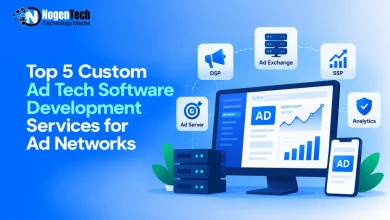 Desktop monitor and smartphone displaying advertising dashboards surrounded by icons for Ad Server, DSP, Ad Exchange, SSP, and Analytics.