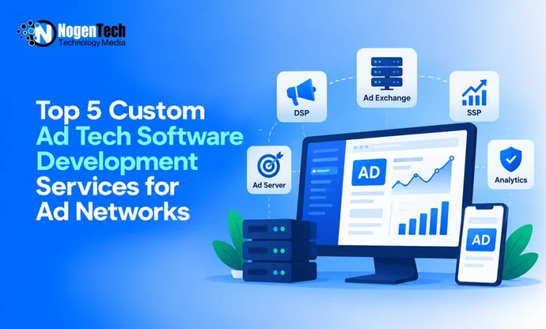 Desktop monitor and smartphone displaying advertising dashboards surrounded by icons for Ad Server, DSP, Ad Exchange, SSP, and Analytics.