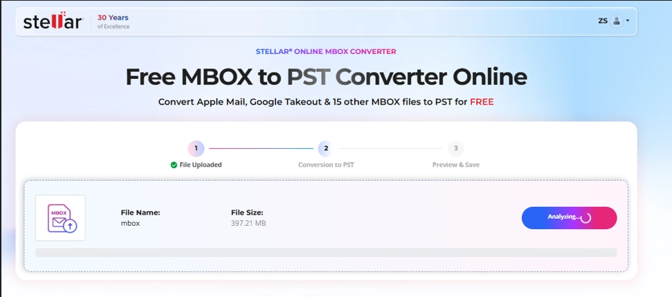 Stellar Online MBOX Converter analyzing an uploaded MBOX file before converting it to PST.