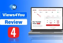 Laptop screen displaying the Views4You website alongside a red play icon with the number 4 on a blue background.