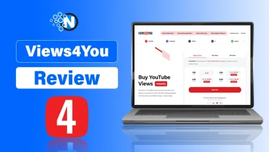 Laptop screen displaying the Views4You website alongside a red play icon with the number 4 on a blue background.