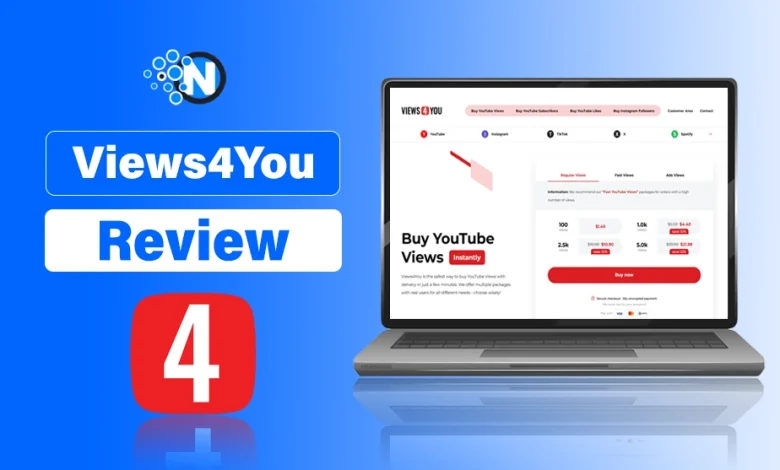 Laptop screen displaying the Views4You website alongside a red play icon with the number 4 on a blue background.