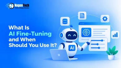Friendly AI robot mascot adjusting configuration sliders on a digital dashboard next to a laptop.