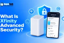 White Xfinity gateway router next to a smartphone displaying the xFi Advanced Security dashboard against a blue background.