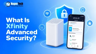 White Xfinity gateway router next to a smartphone displaying the xFi Advanced Security dashboard against a blue background.