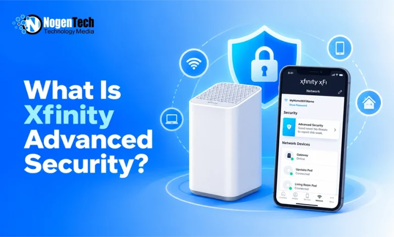 White Xfinity gateway router next to a smartphone displaying the xFi Advanced Security dashboard against a blue background.