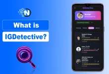 Smartphone showing the IGDetective user interface alongside a glowing purple magnifying glass icon on a blue background.