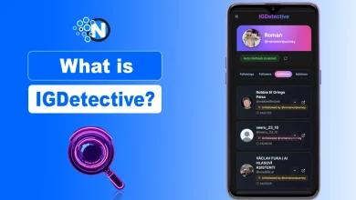 Smartphone showing the IGDetective user interface alongside a glowing purple magnifying glass icon on a blue background.