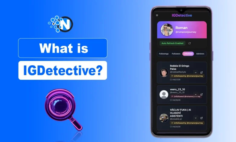 Smartphone showing the IGDetective user interface alongside a glowing purple magnifying glass icon on a blue background.