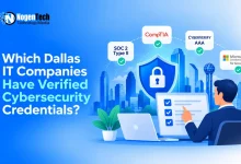 IT professional checking off verified security badges against the Dallas city skyline background.