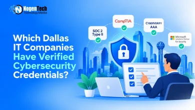IT professional checking off verified security badges against the Dallas city skyline background.