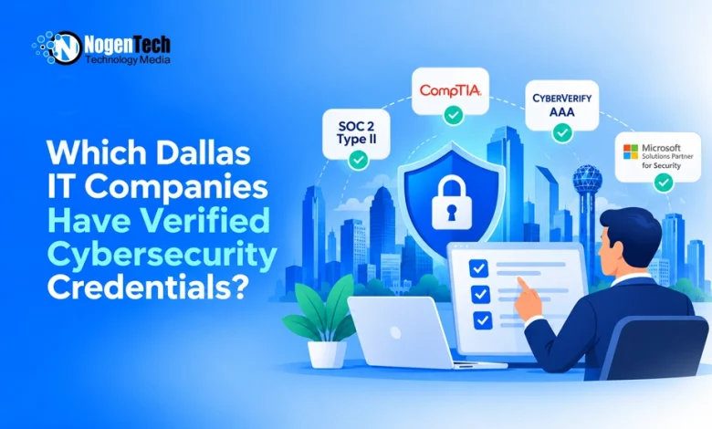 IT professional checking off verified security badges against the Dallas city skyline background.