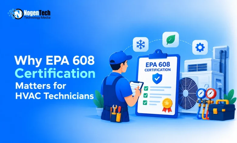 HVAC technician holding a checklist standing next to an EPA 608 certification clipboard, an AC unit, manifold gauges, and a toolbox.