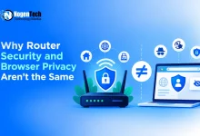 Wi-Fi router with a shield icon separated by a green "not equal" sign from a laptop displaying browser privacy features.